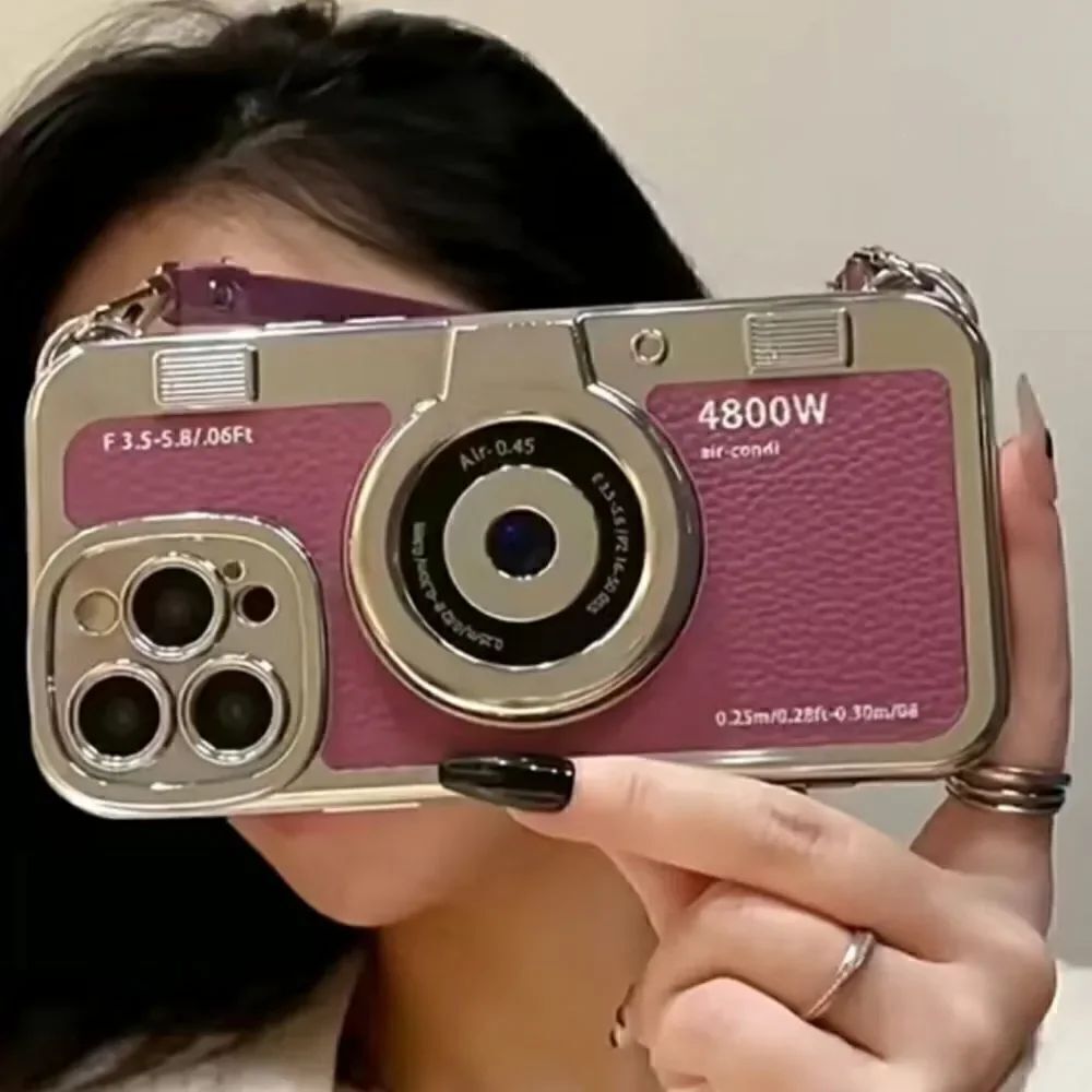 NWT iPhone, pro X retro 3-D vintage camera case with a strap purple